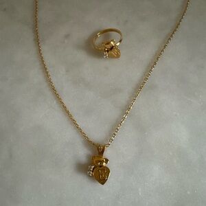 Vintage Gold Tone Heart Bear With Rhinestone Stone “E” Namesake Necklace & Ring